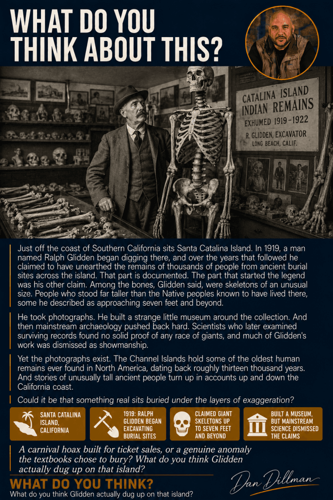 Catalina Island Giants dispatch card, the oversized skeletons Ralph Glidden claimed to dig up