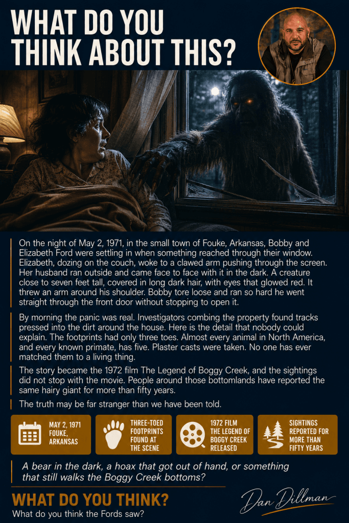 Fouke Monster dispatch card, the three toed hairy creature of Boggy Creek Arkansas